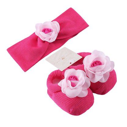 Baby Red Knitted Cotton Rose Shoes&Hair Band Gift Set