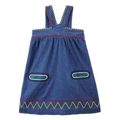 Girls Blue Cotton Denim Dress With Zig Zag Embroidered Trims