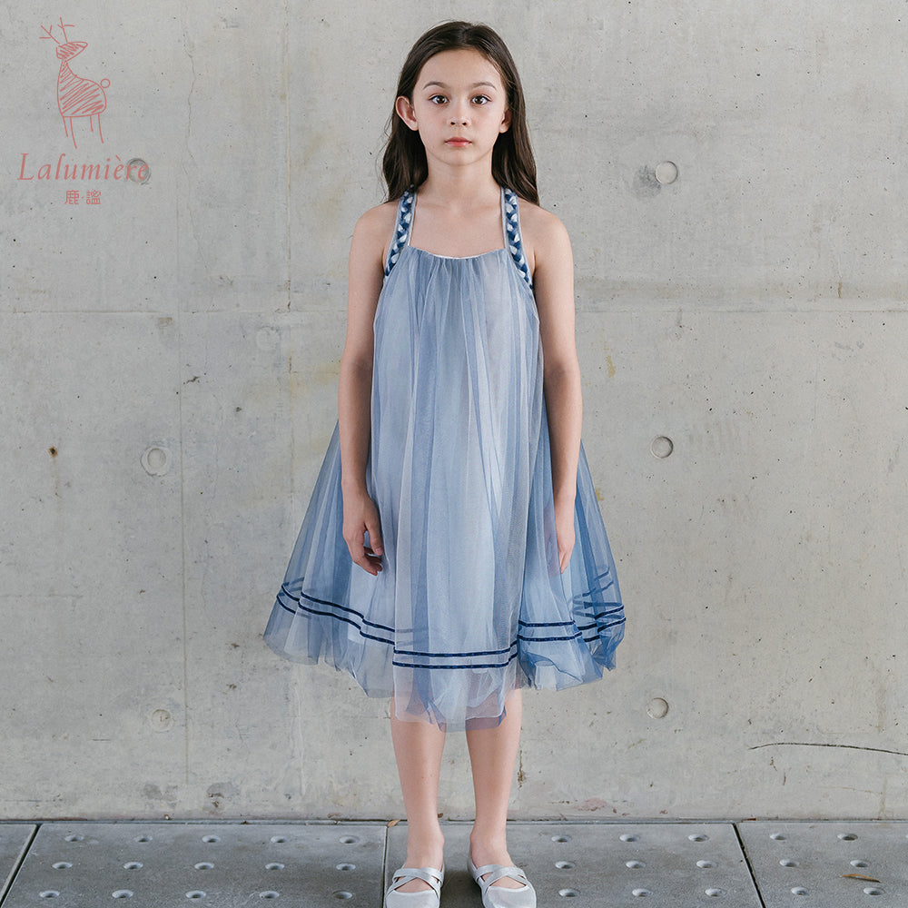 女童海蓝色编织吊带娃娃裙