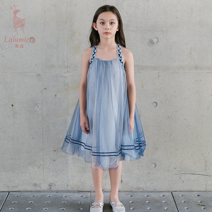 女童海蓝色编织吊带娃娃裙