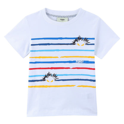 Boys White Cotton T-Shirt With Multicolour Stripe