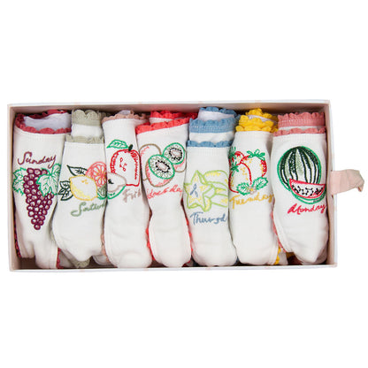 Peonie Girls 7 Pack White Organic Cotton Knickers Gift Set With Fruit Print