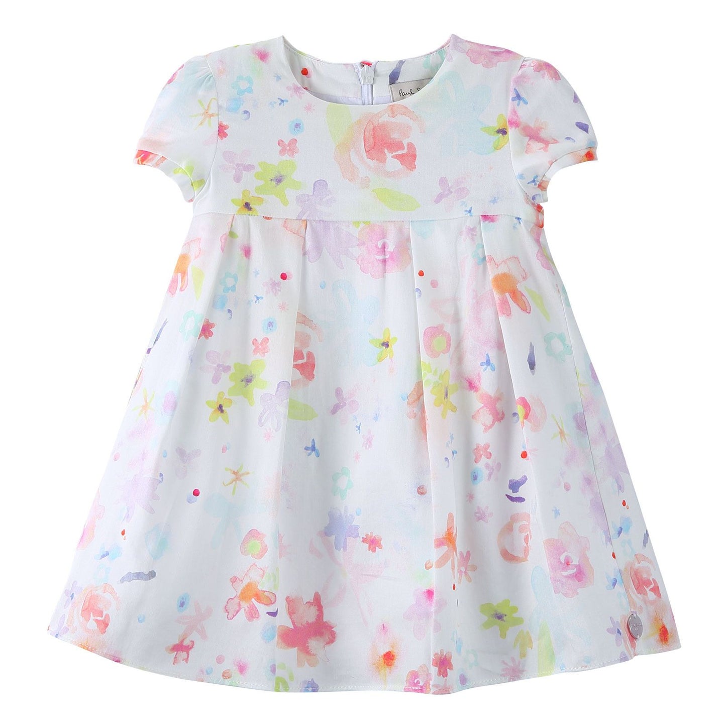 Baby Girls White Cotton Dress With Multicolor Print Trims