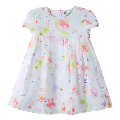 Baby Girls White Cotton Dress With Multicolor Print Trims