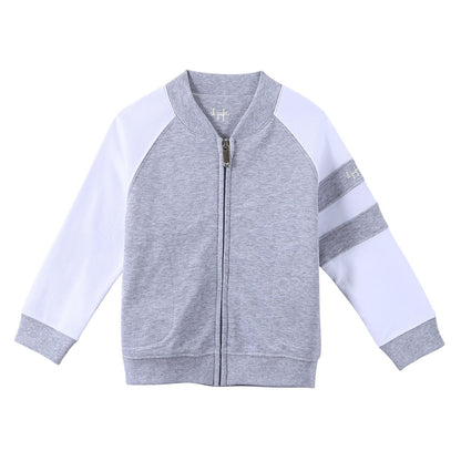 Boys Grey Cotton Knitted Jacket With Stripe Trims
