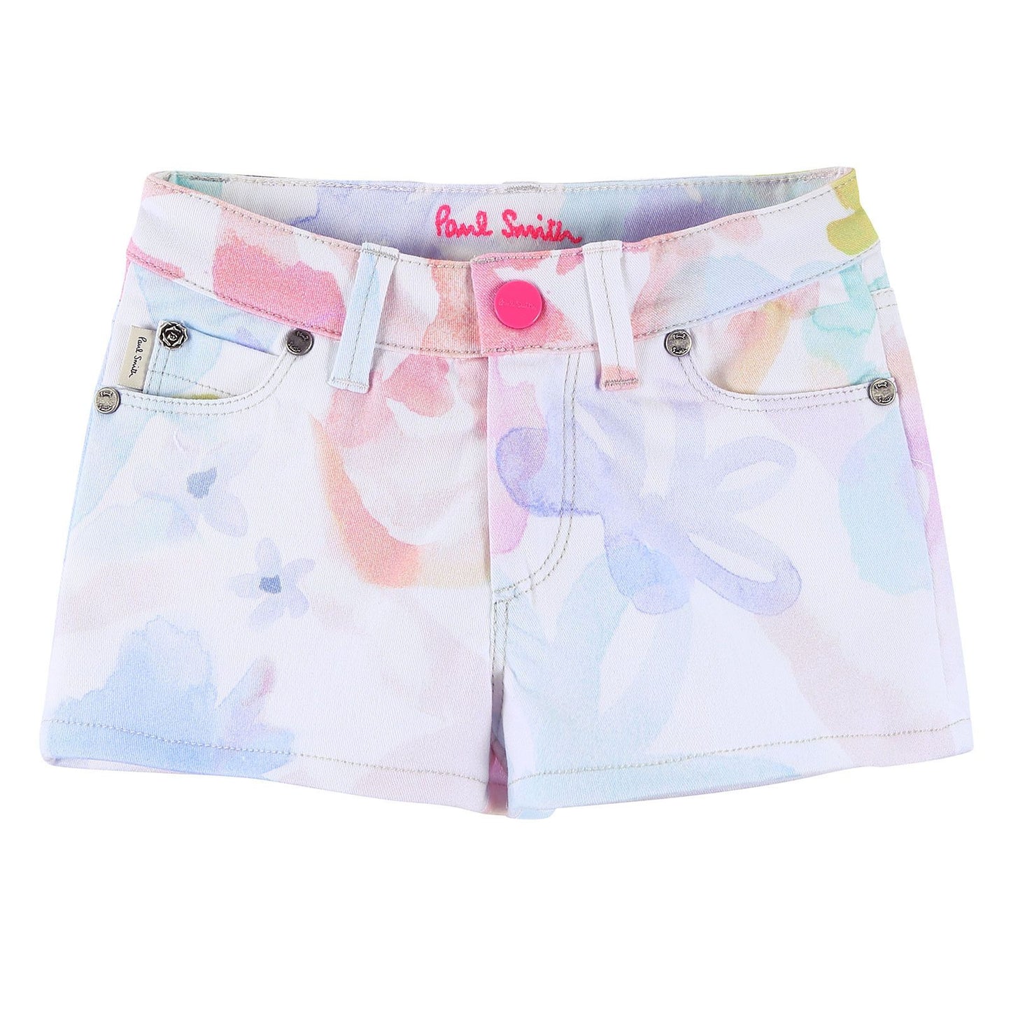 Girls White Cotton Short With Multicolor Print Trims