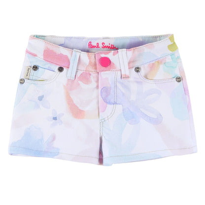 Girls White Cotton Short With Multicolor Print Trims