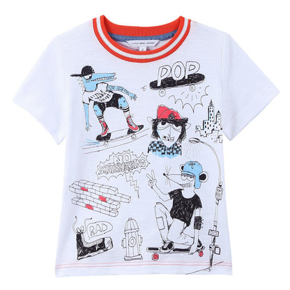 Boys White Fancy Illustration Printed Cotton Jersey T-Shirt