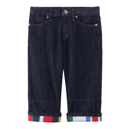 Girls Navy Blue Cotton Jeans With Multicolor Turn Up Cuffs
