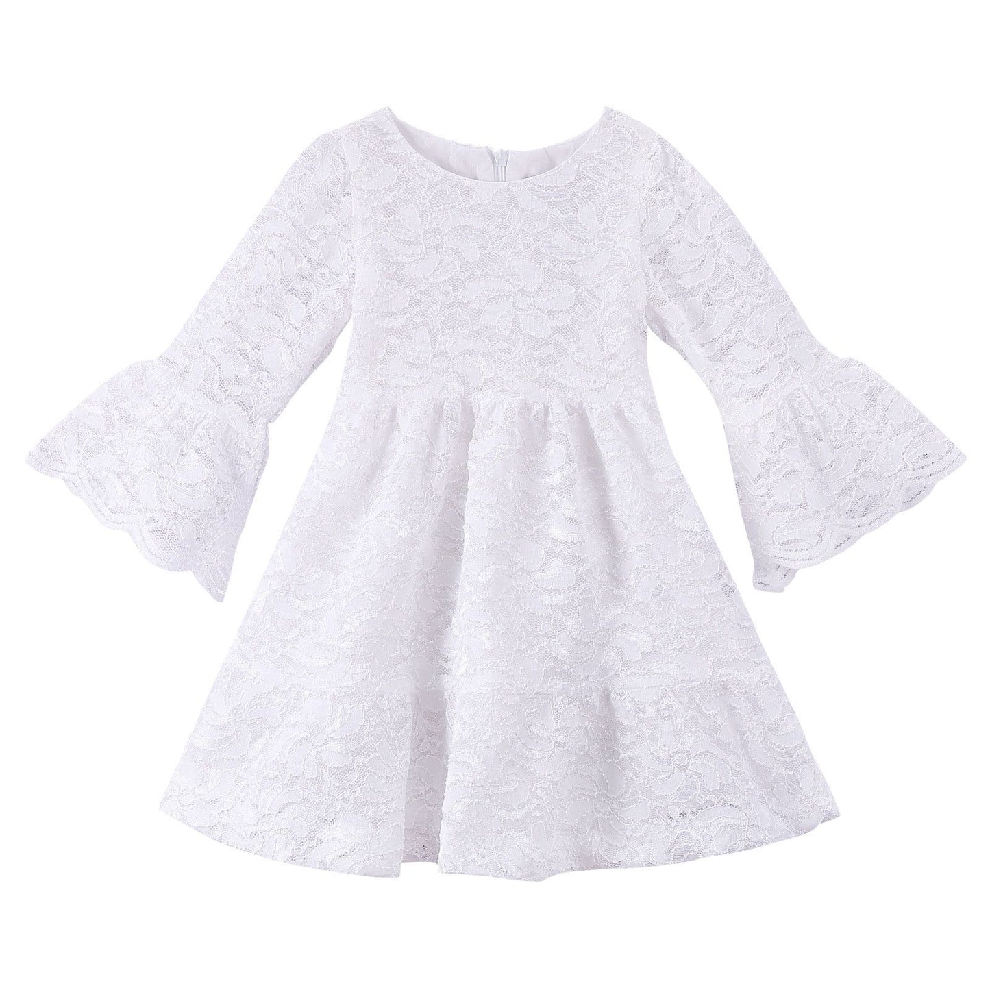 Girls White Long Sleeve Lace Dress
