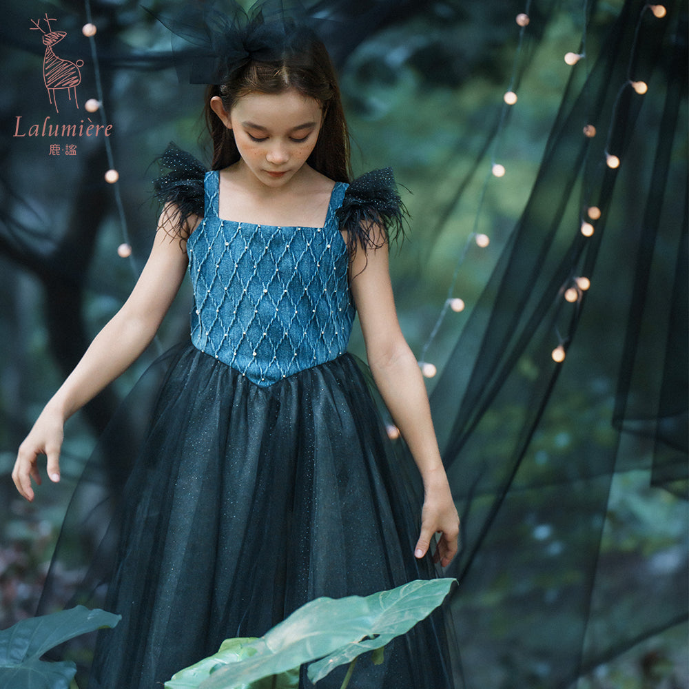 女童牛仔羽毛吊带裙