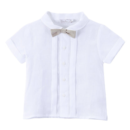 Baby Boys White Linen Shirt With Grey Bow