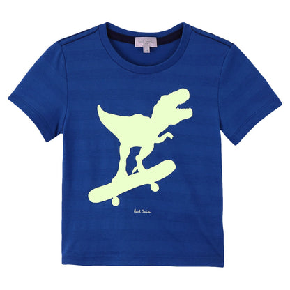 Boys Royal Blue Cotton Skateboard Dinosaur Printed T-Shirt