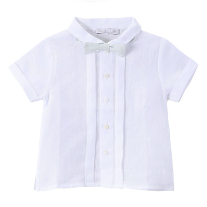 Baby Boys White Linen Shirt With Striped Bow