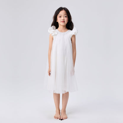 女童白色玫瑰袖连衣裙