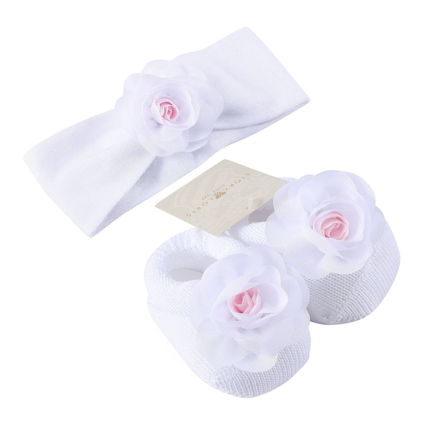 Baby White Knitted Cotton Rose Shoes&Hair Band Gift Set