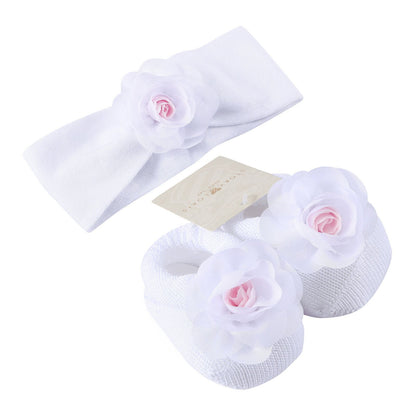 Baby White Knitted Cotton Rose Shoes&Hair Band Gift Set