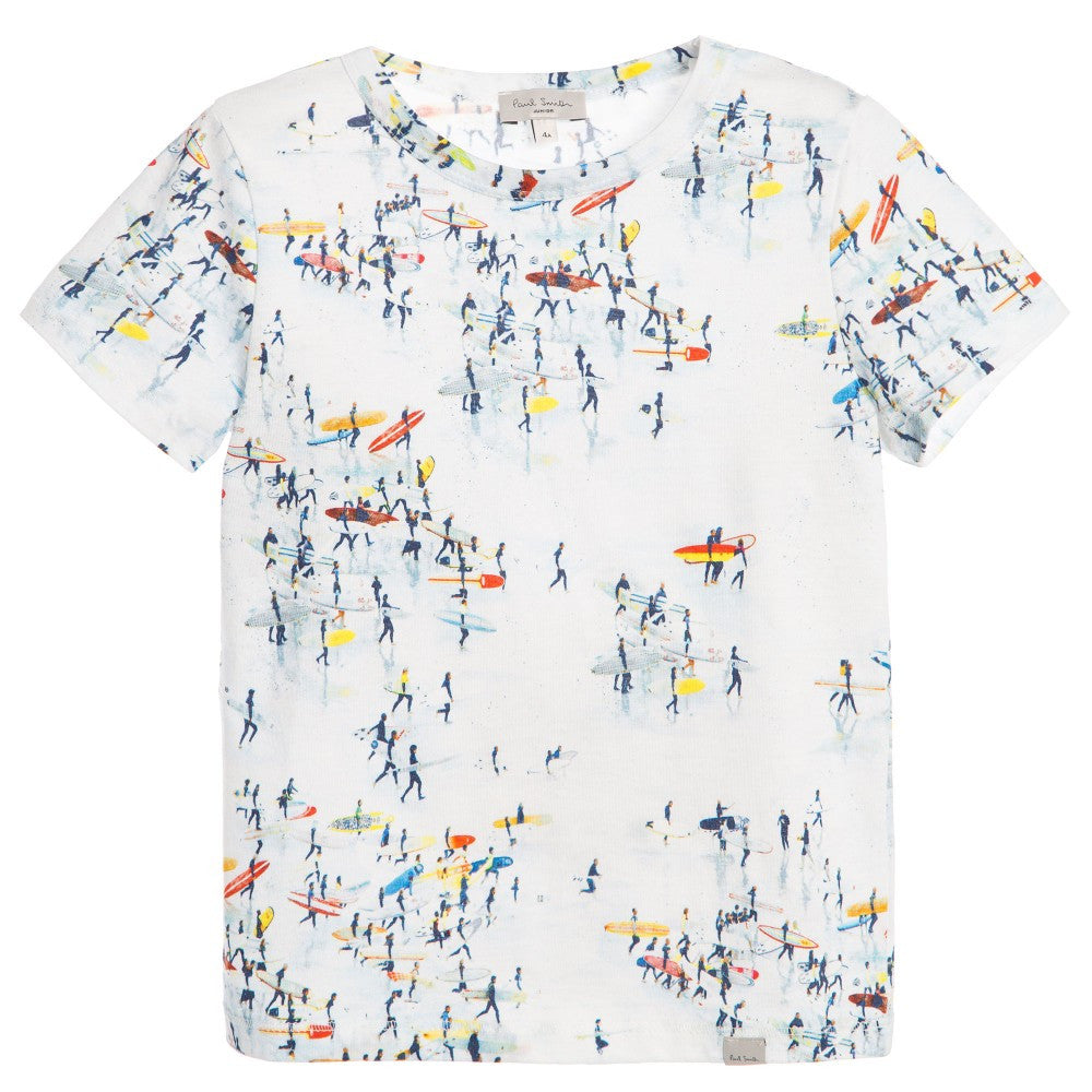 Boys White Cotton T-Shirt With Colorful Print Trims