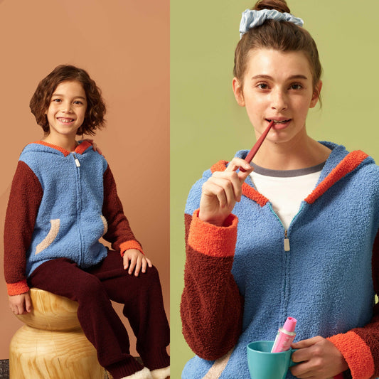 亲子款蓝棕色半边绒拉链卫衣