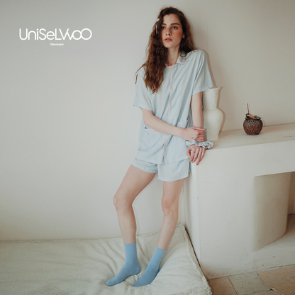 亲子款蓝黄色条纹莫代尔睡衣套装