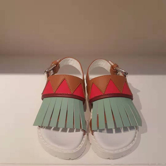 女童棕色&浅绿色皮革凉鞋