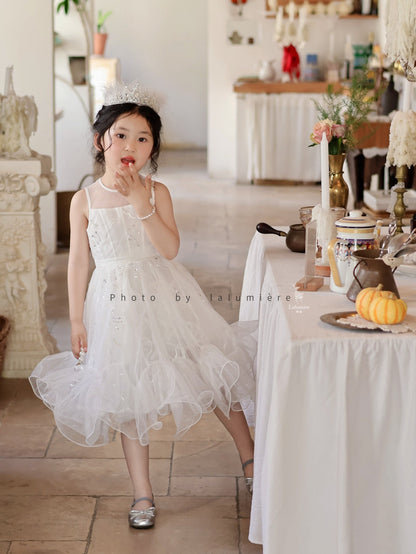 女童白色插片无袖小礼服裙
