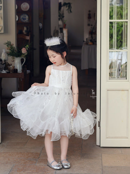 女童白色插片无袖小礼服裙
