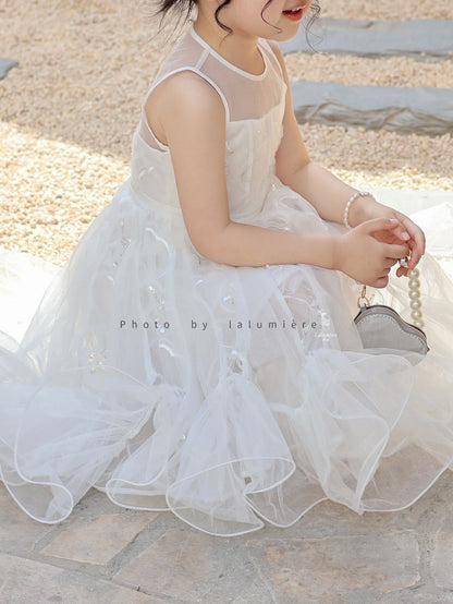 女童白色插片无袖小礼服裙