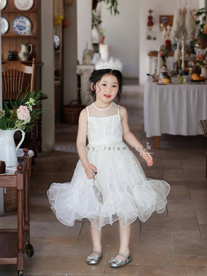 女童白色插片无袖小礼服裙