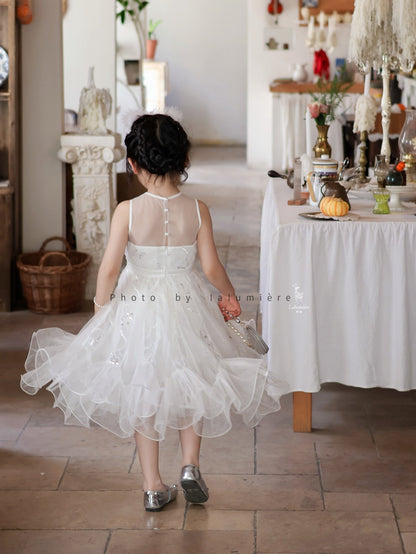 女童白色插片无袖小礼服裙