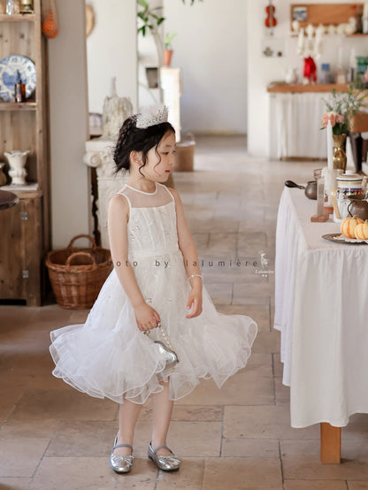 女童白色插片无袖小礼服裙