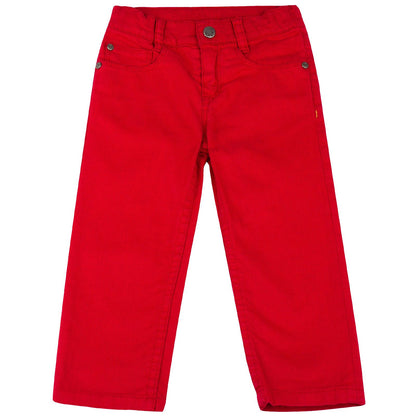 Girls Red Trousers With A Leather Logo Patc