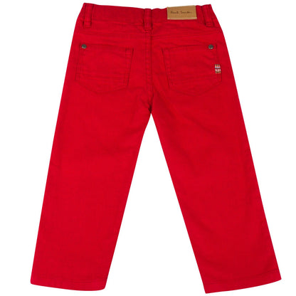 Girls Red Trousers With A Leather Logo Patc