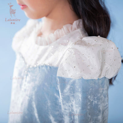 女童蓝色冰雪丝绒拼纱公主裙