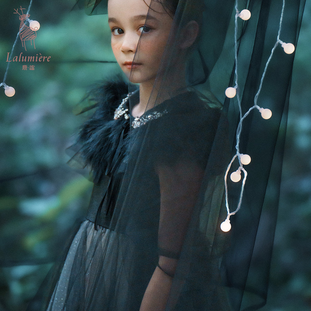 女童珠绣黑粉渐变礼服裙