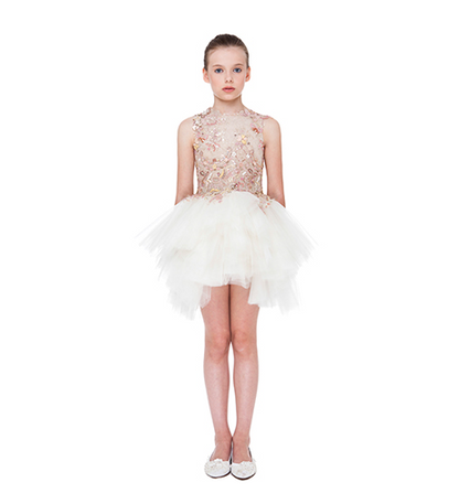 Girls White Patch Pearl Trims Tullee Party Dress