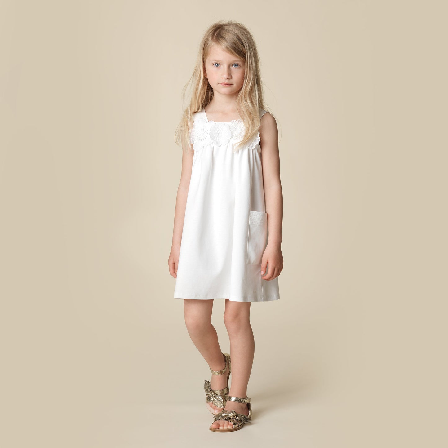 Girls Off White Cotton Dress