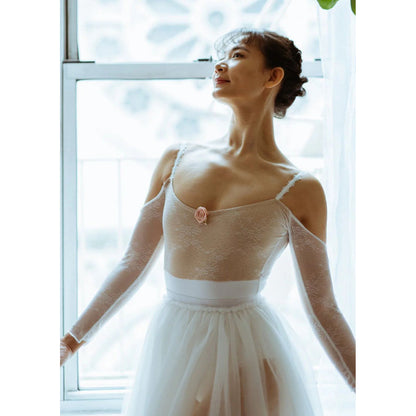 女童白色露肩芭蕾舞连体衣(2236/White)