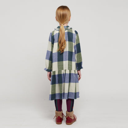 女童蓝色格子棉连衣裙