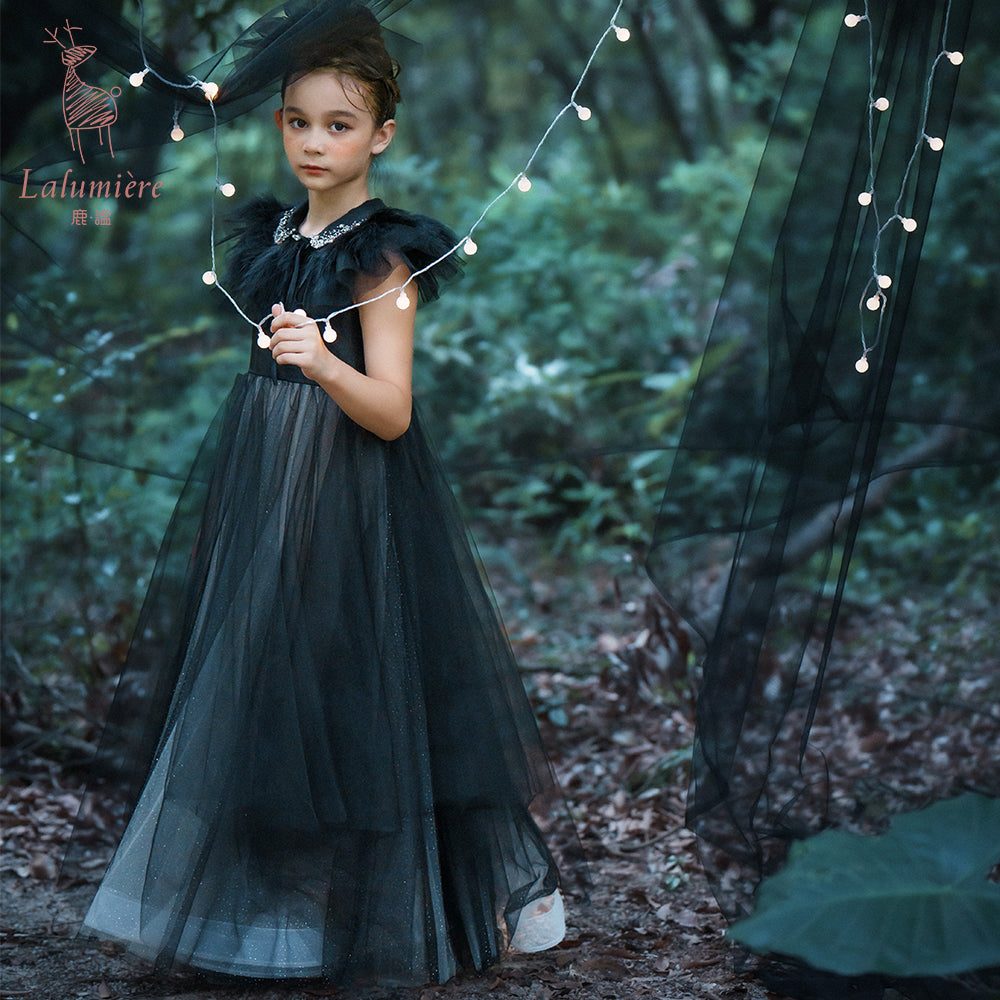 女童珠绣黑粉渐变礼服裙