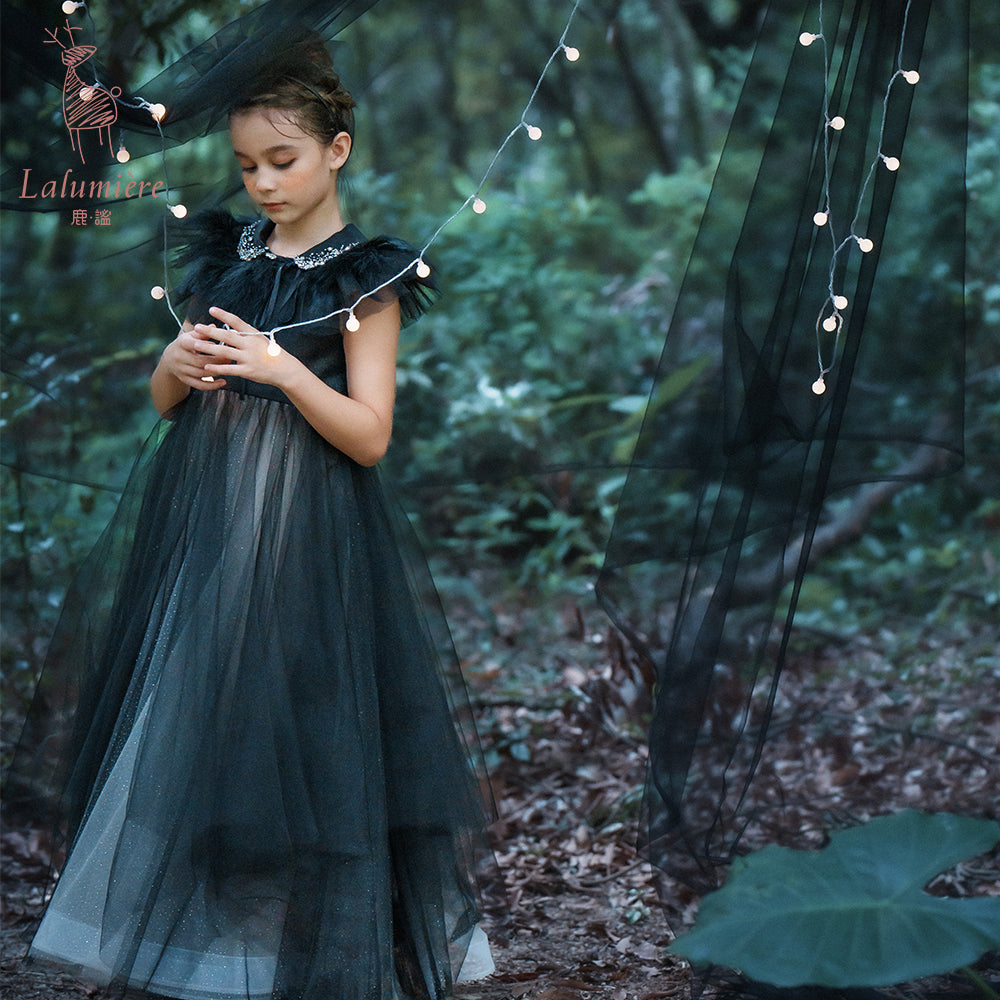 女童珠绣黑粉渐变礼服裙