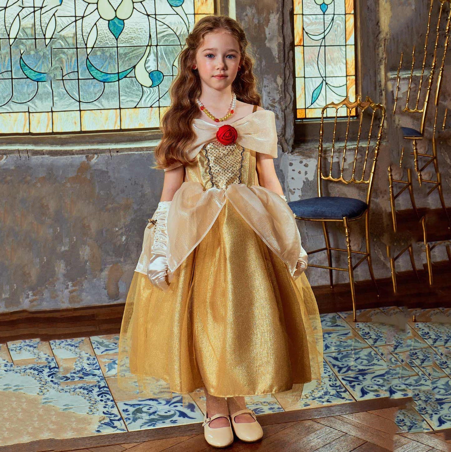 女童金色无袖连衣裙