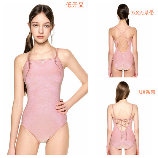 女士粉色花朵双面专业泳衣