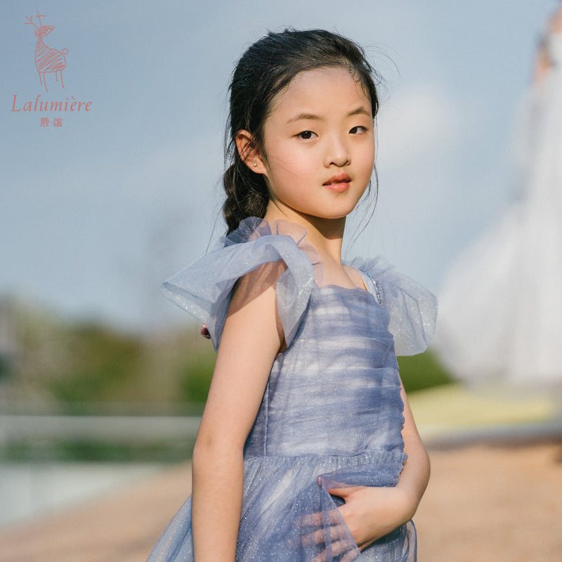 女童星光蓝蝴蝶袖礼服裙