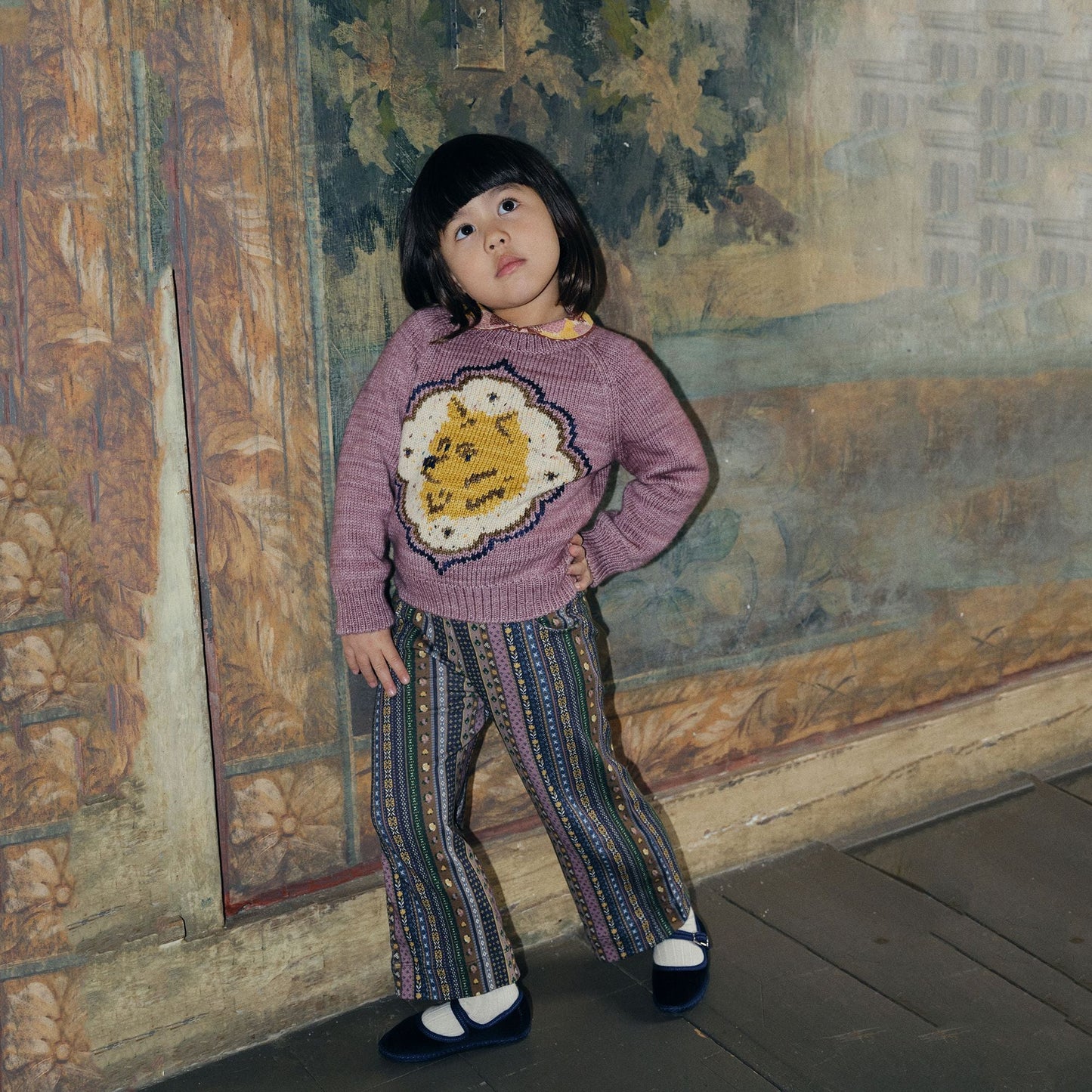 儿童粉色小狗提花羊毛毛衣