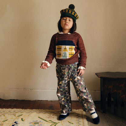 儿童砖红色房子提花羊毛毛衣