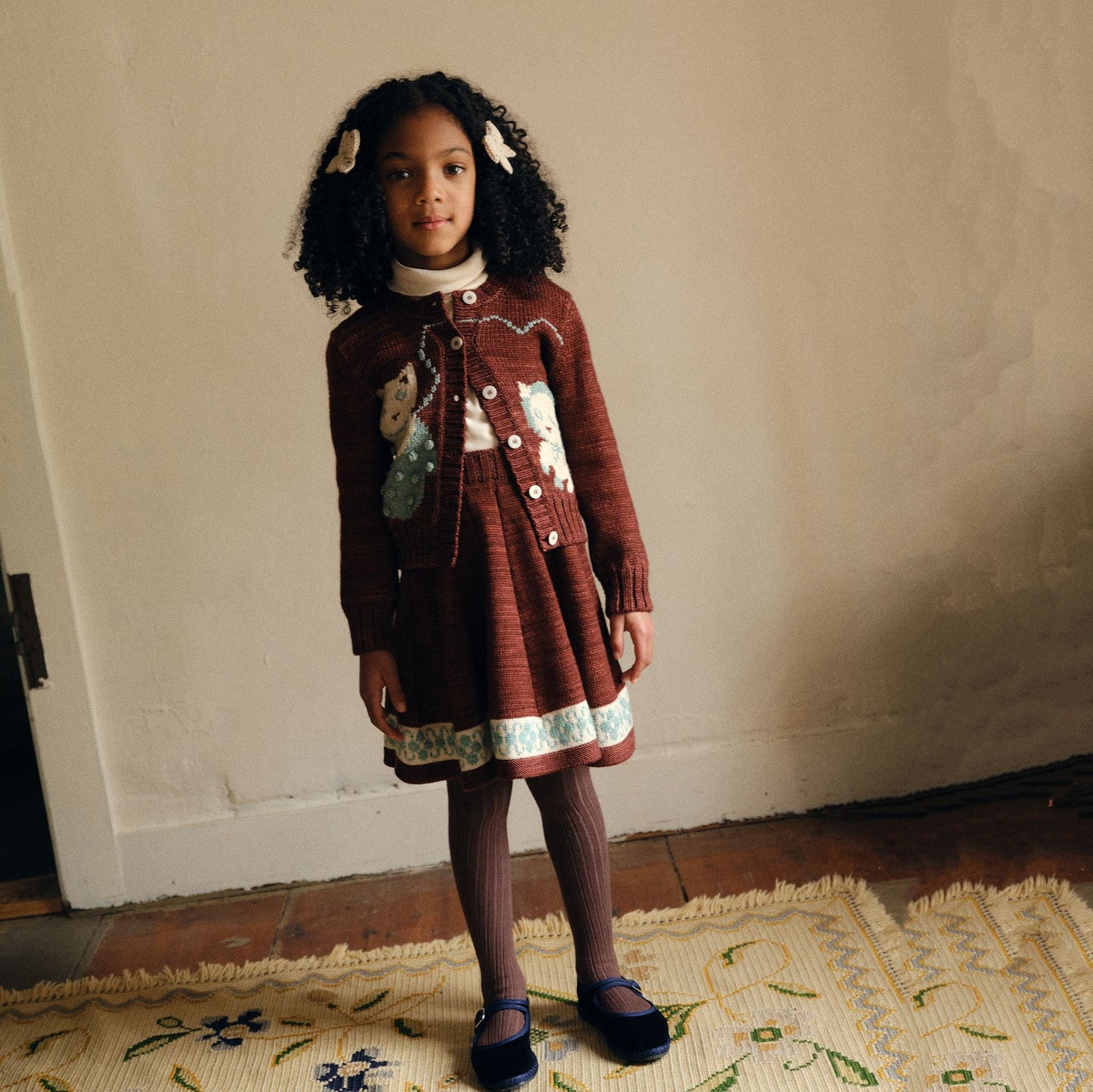 儿童砖红色猫咪羊毛开衫