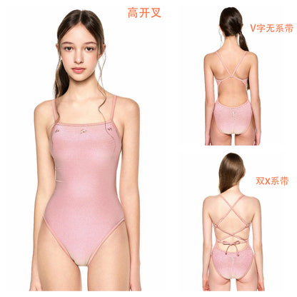 女士粉色花朵双面专业泳衣