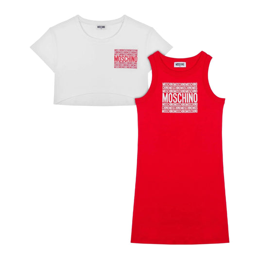 女童白色&红色棉连衣裙套装