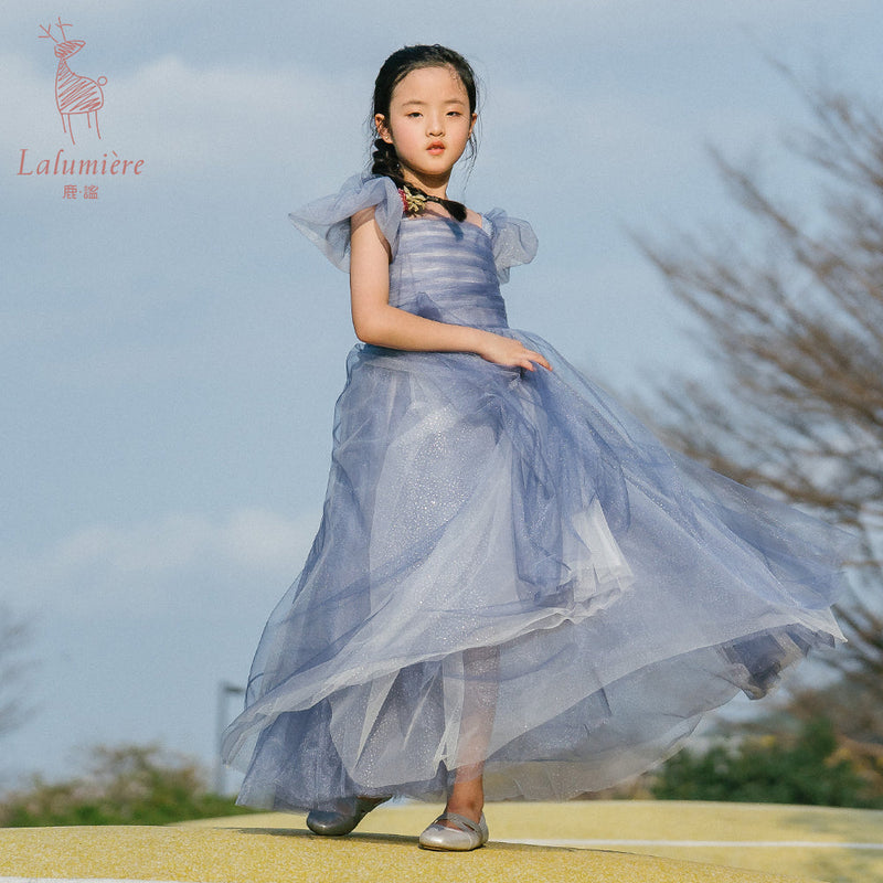 女童星光蓝蝴蝶袖礼服裙